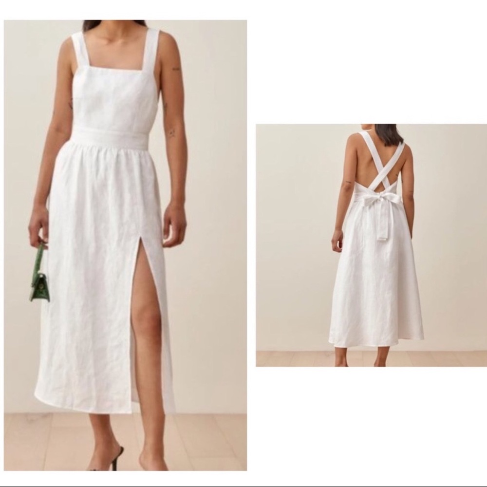 REFORMATION Elara Linen Fit & Flare Midi Dress White Size 2 $248 NWT Boho Bow.